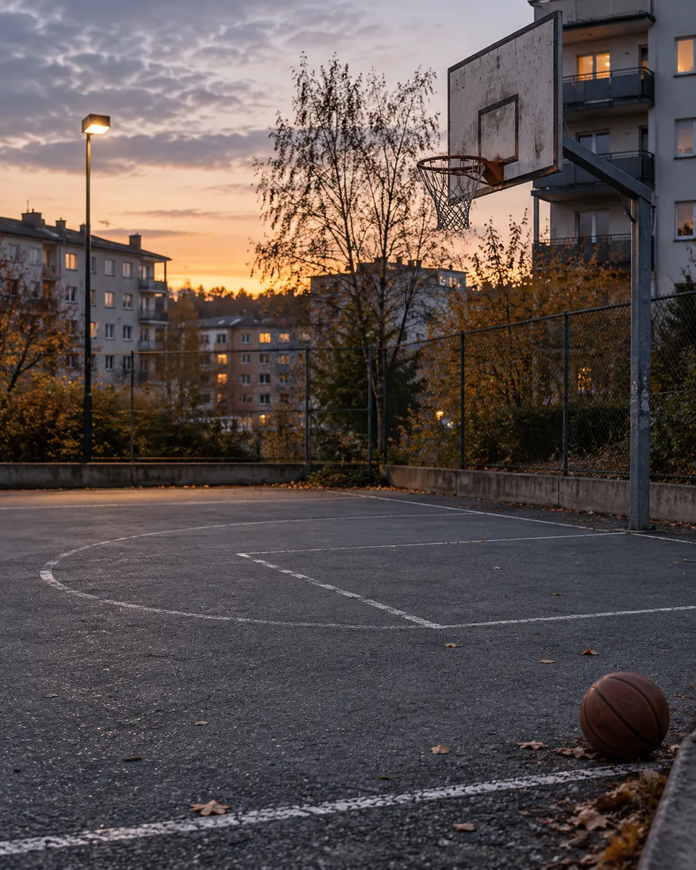 En basketplan mellan bostadshus i skymningen. Illustrationsbild.